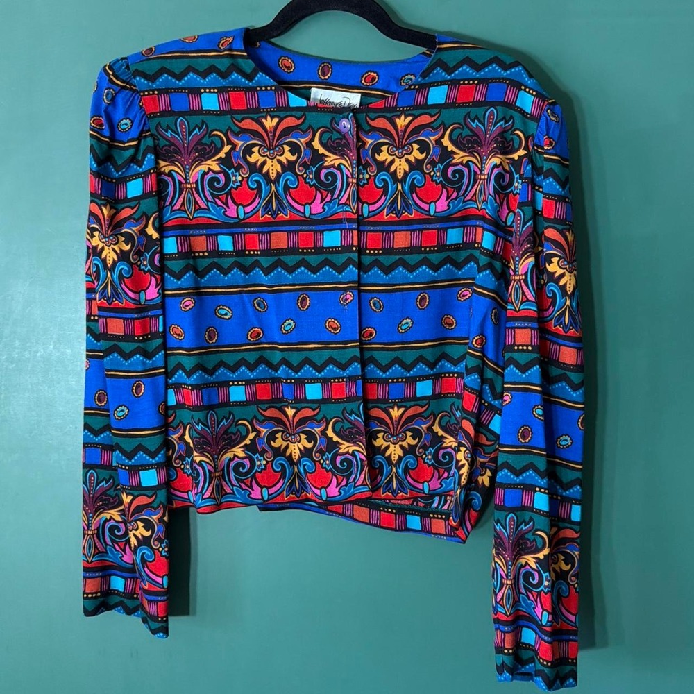 Jeffrey & Dara Vintage 80s Floral Geometric Rayon Blouse Blue Red Gold 13/14